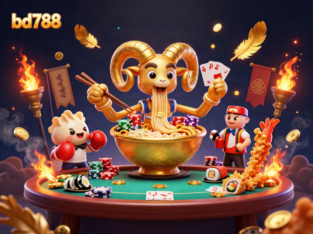 Engage with the bd788 casino scene featuring the golden ramen bowl dealing cards and chips, amidst vibrant poker elements.