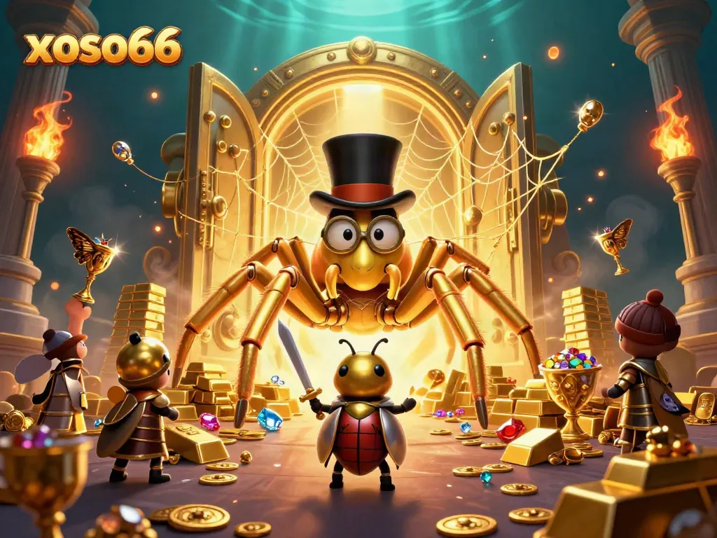 Experience the excitement of xoso66 as a golden tarantula weaves fortune in a dazzling casino scene.