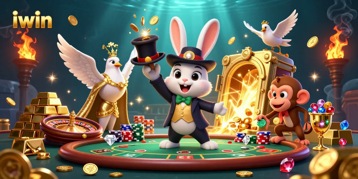 Win big with iwin's magical casino scene featuring colorful poker chips and a lucky rabbit.