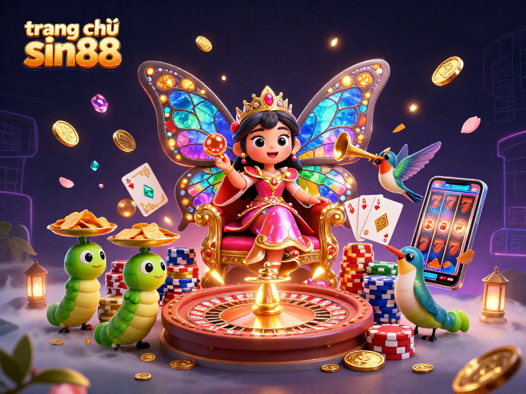 Engaging ultra-detailed 3D illustration depicting trang chủ sin88 with vibrant casino elements, inviting gamblers to explore.