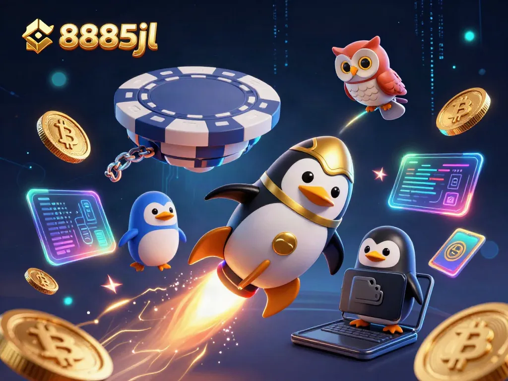 Experience the thrill of 8885jl casino gaming with a golden penguin and crypto elements.