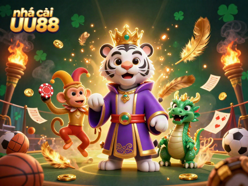 Engage with nhà cái UU88 for ultimate sports betting action featuring a lively 3D tiger, monkey, and dragon.