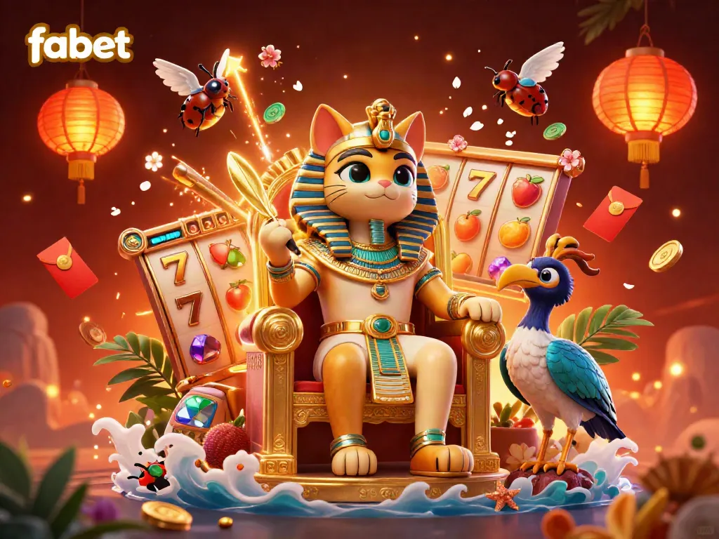 Experience thrilling jackpots with fabet’s vibrant 3D illustration featuring lucky symbols and characters.