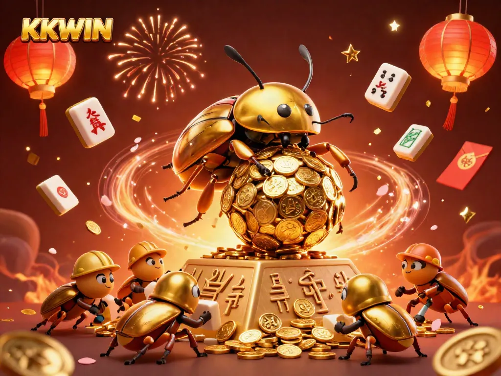 Experience KKWIN's exciting slots with vibrant symbols and lively golden beetles rolling coins.