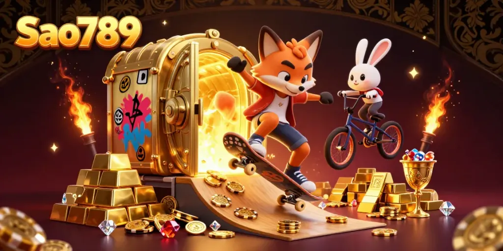 Sao789 captures the excitement of winning with vibrant characters above golden poker chips, perfect for gamblers.