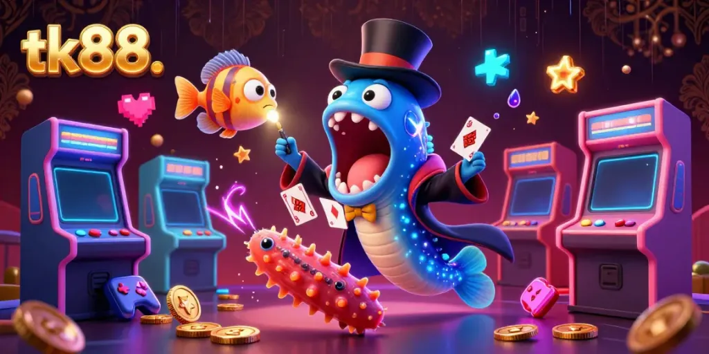 Experience tk88's captivating casino magic with bioluminescent creatures showcasing card tricks and arcade elements.