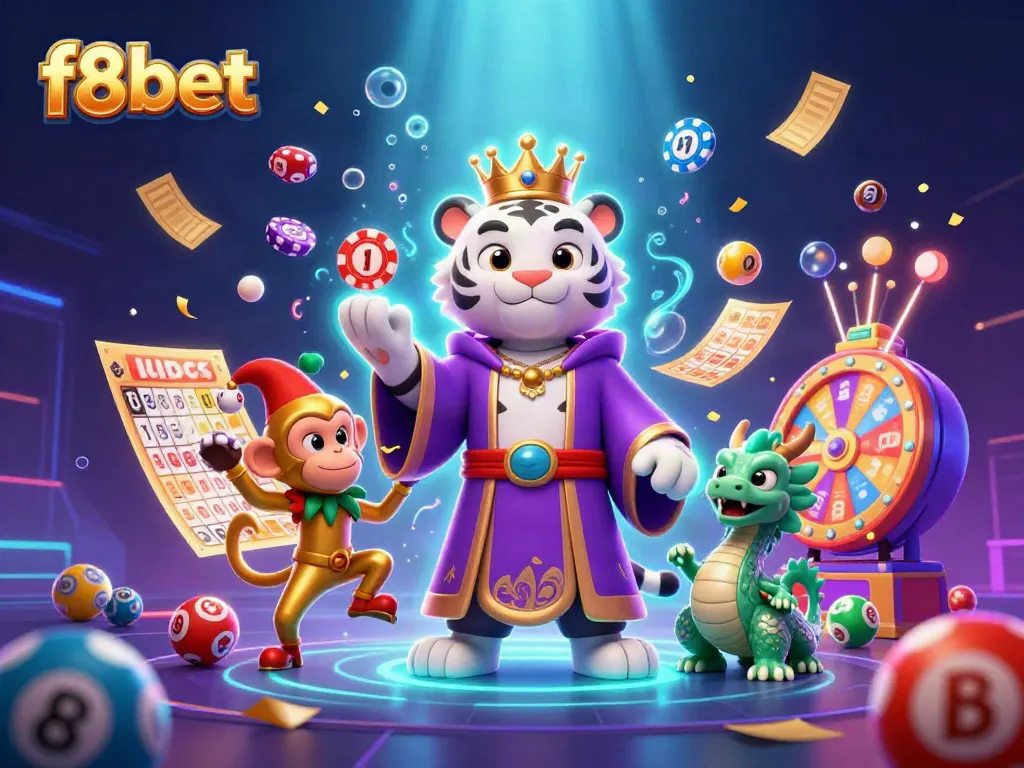 Engage with f8bet's colorful gaming experience featuring a royal tiger, jester monkey, and vibrant lottery elements.