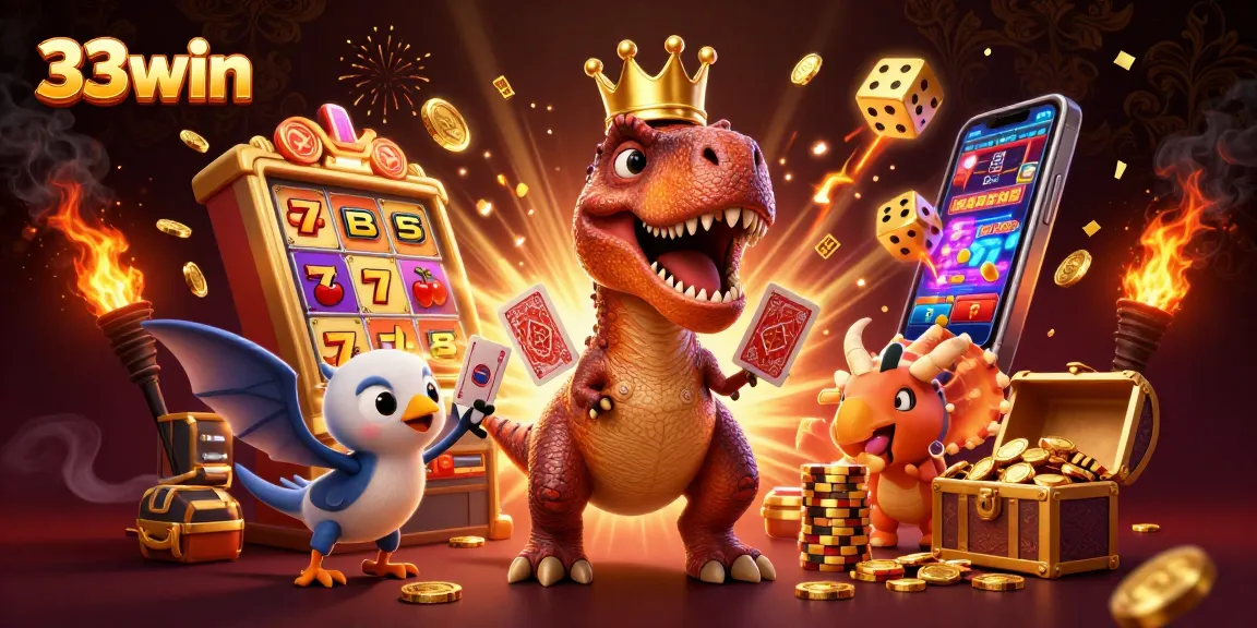 Experience the excitement of 33win as a T-Rex shuffles cards, enhanced by a dynamic jackpot scene.