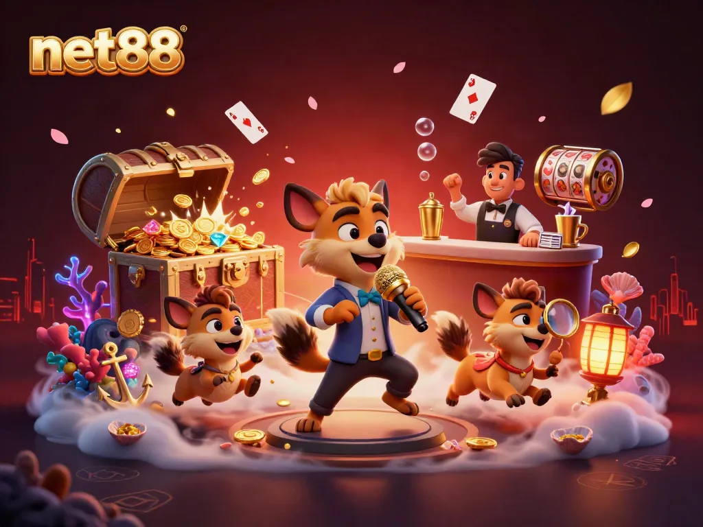 Join the vibrant net88 comedy casino club with lively hyenas and dazzling gaming elements.