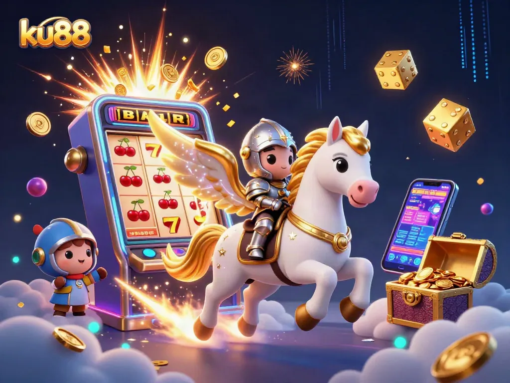Experience thrilling gaming adventures with ku88 in this dynamic 3D casino illustration, showcasing excitement and energy.