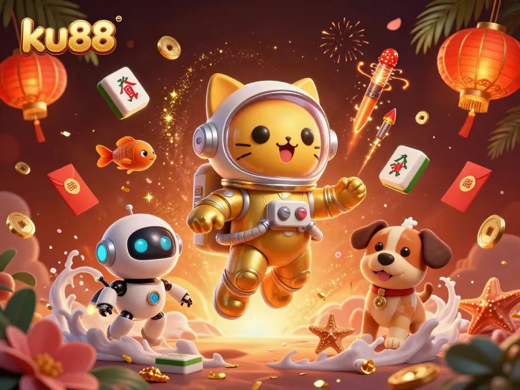 ku88 cat astronaut enjoying vibrant online gaming atmosphere amidst colorful casino elements