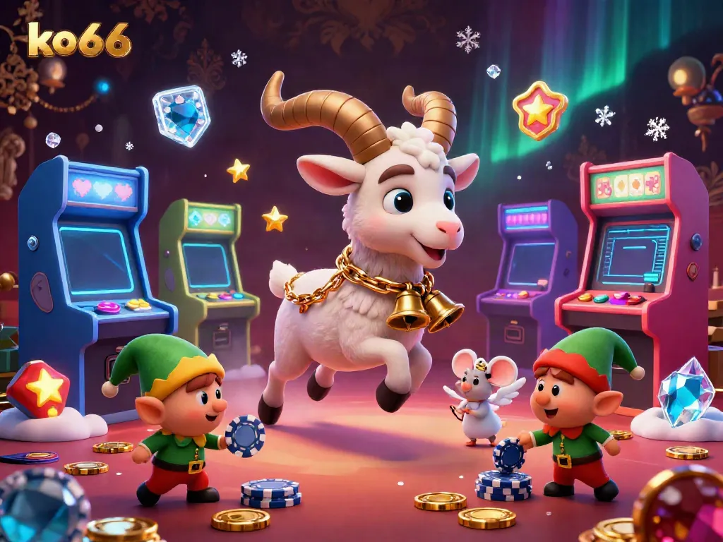 Experience the vibrant casino atmosphere at ko66 with a cartoon Krampus goat overseeing gaming chaos.