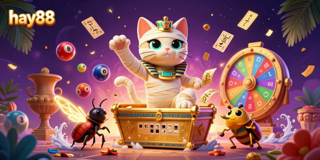 Experience excitement with hay88 in a vibrant casino scene featuring a mummy cat and glowing elements.