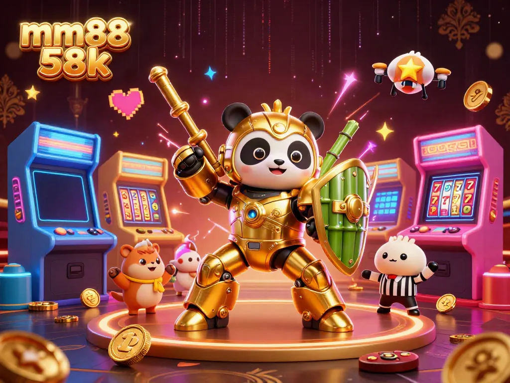 Engaging scene of mm88 58k showcasing a mech-suit panda captivating the audience in a lively casino arena.