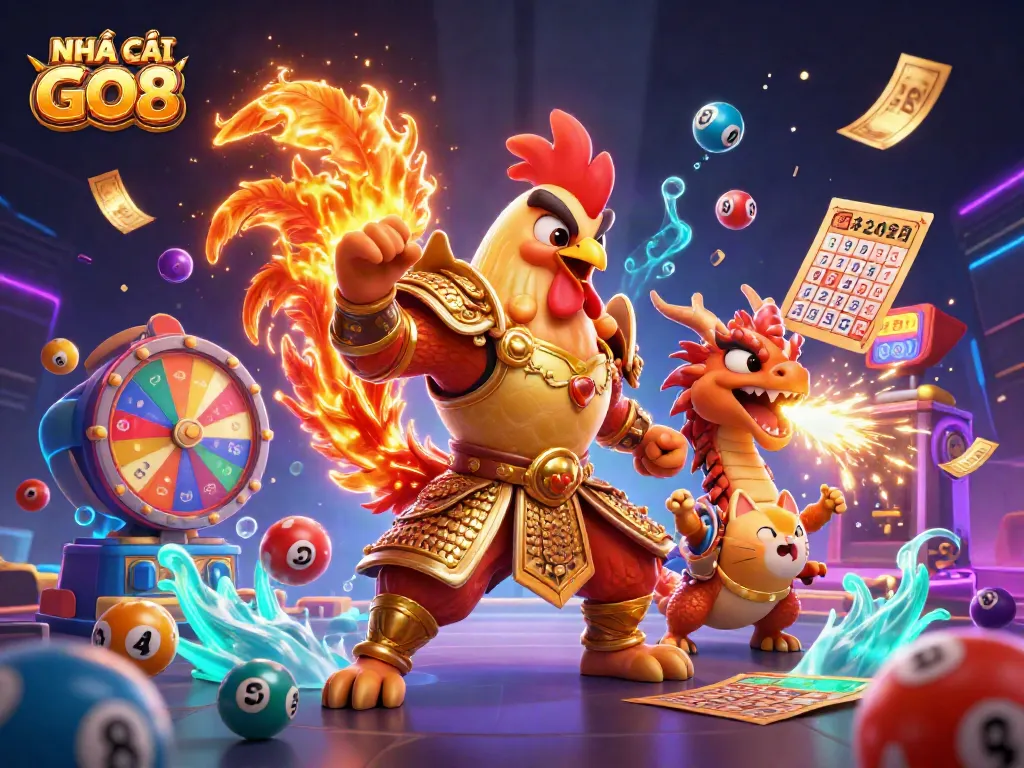 Engage NHÀ CÁI GO8 with vibrant lottery excitement in a dynamic 3D illustration.