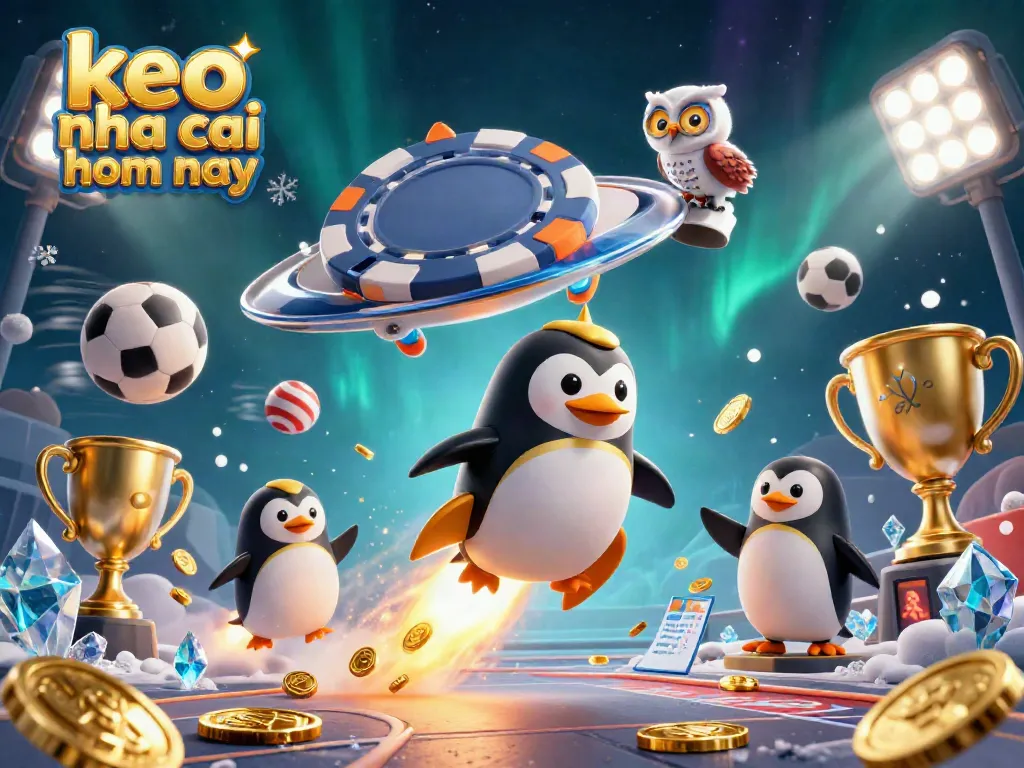 Bet on keo nha cai hom nay as a golden penguin blasts through a casino-themed space scene.