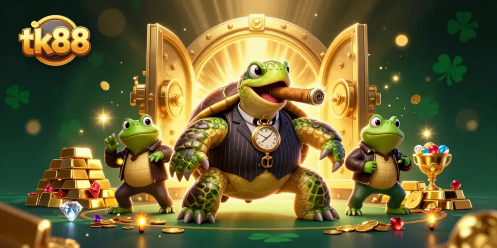 Engage in thrilling tk88 casino adventures with a vibrant cartoon turtle and frog characters.