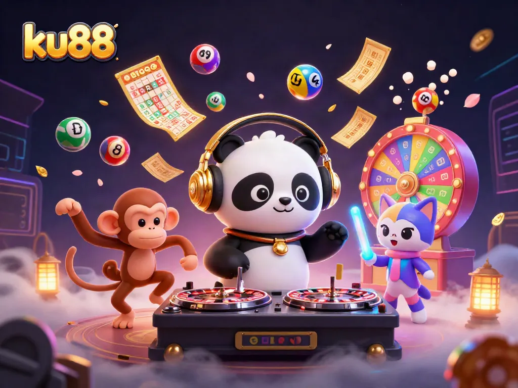 Engage with ku88's vibrant casino atmosphere featuring a DJ panda, breakdancing monkey, and rave kitten.