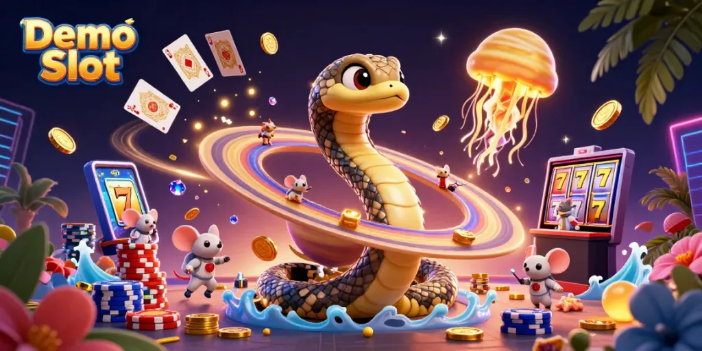 Spin the Demo Slot reels in this vibrant cosmic casino scene featuring animated characters.