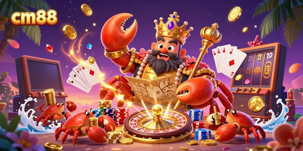 Experience cm88's vibrant gaming atmosphere with a golden crab emperor and rich casino elements in 3D illustration.