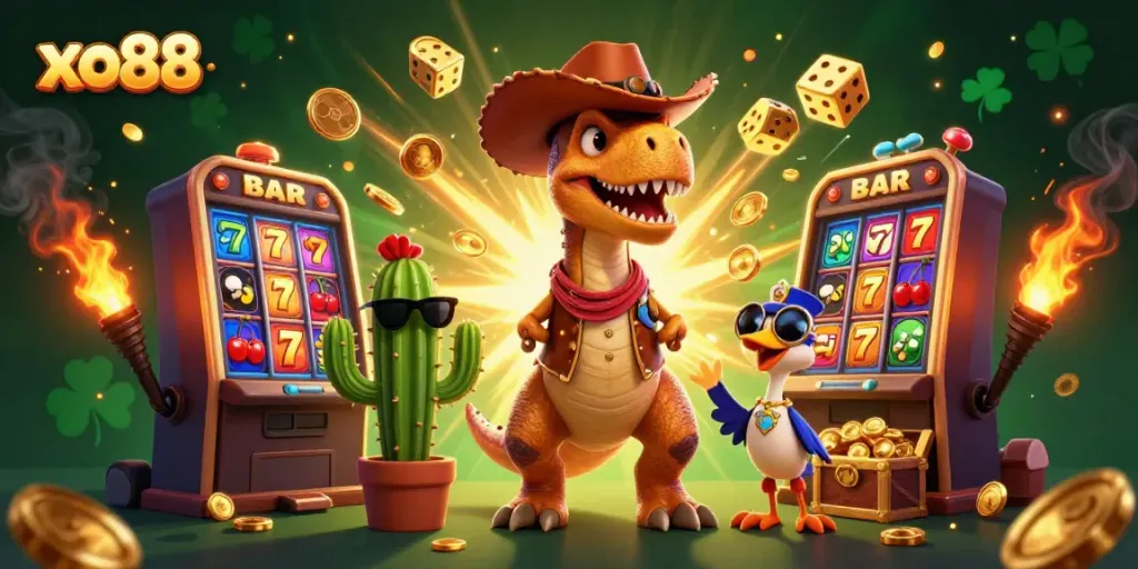 Experience a thrilling jackpot adventure with xo88 as a cowboy T-Rex and friends celebrate amidst casino riches.