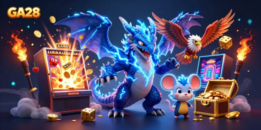 Experience GA28 with a dynamic scene featuring a thunder dragon, casino games, and vibrant action.