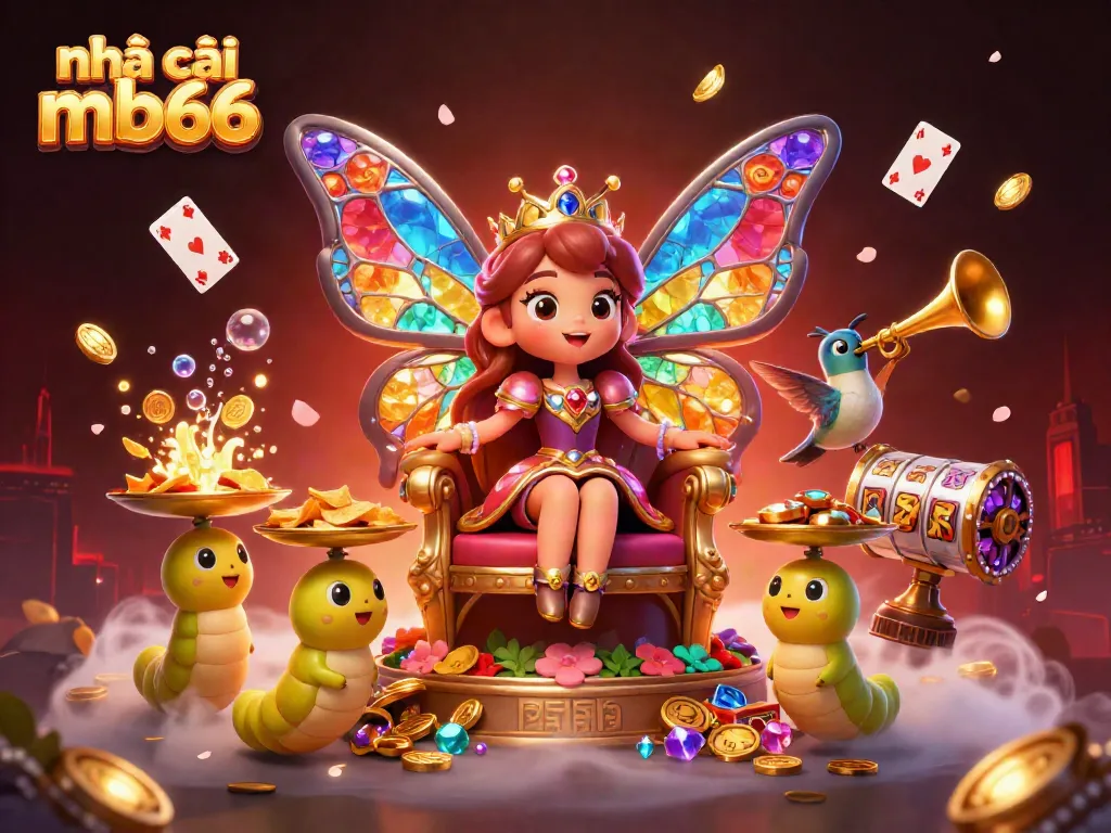Experience the vibrant world of Nhà cái mb66 with a whimsical butterfly queen surrounded by gaming riches.