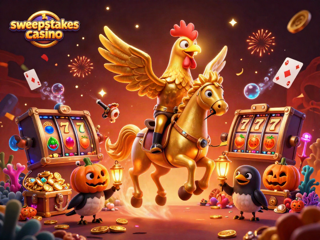 Experience the thrill in a sweepstakes casino with a golden rooster and colorful gaming elements.
