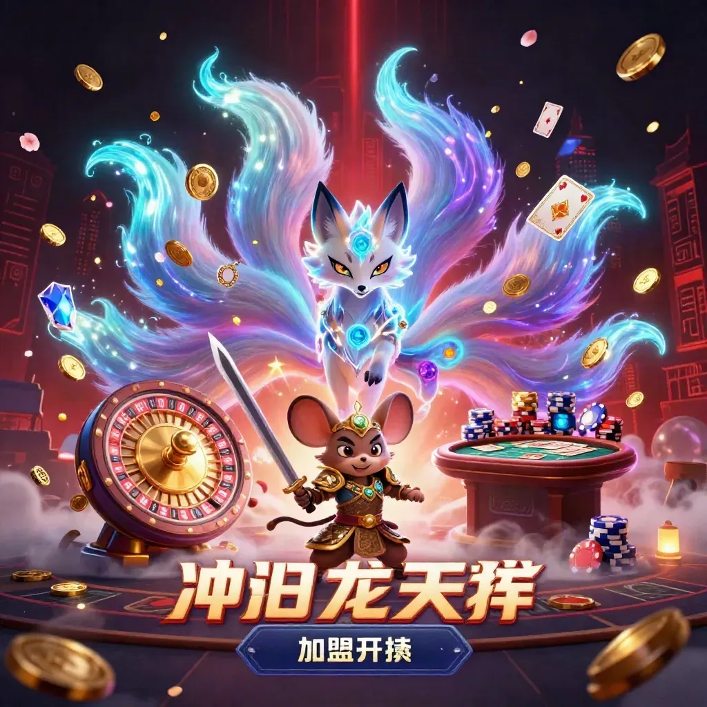 Fox spirit and armored mouse amid neon casino treasure, roulette, cards, and glowing runes.