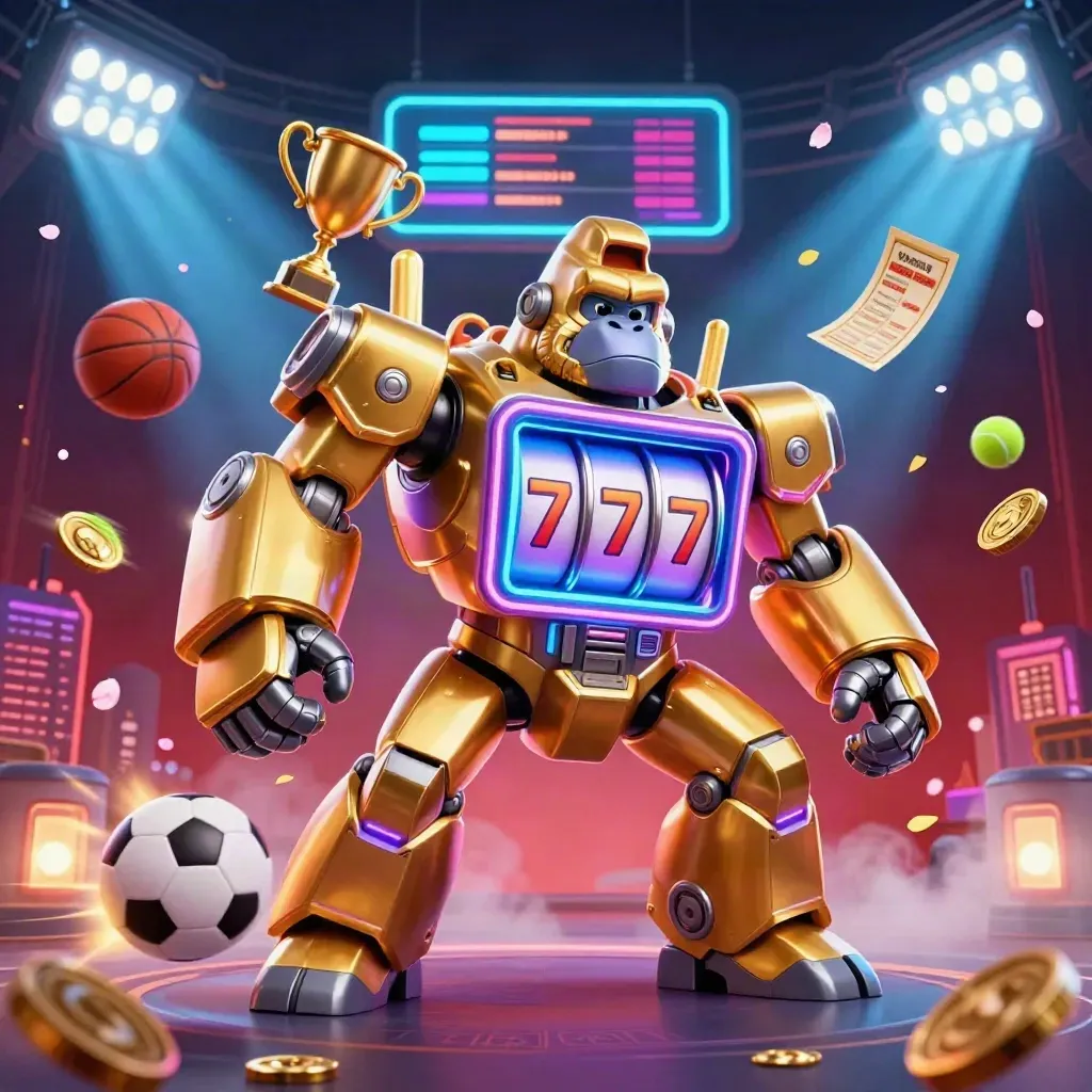 Golden gorilla mech with monkey pilot amid flying sports balls, coins, and neon stadium lights.