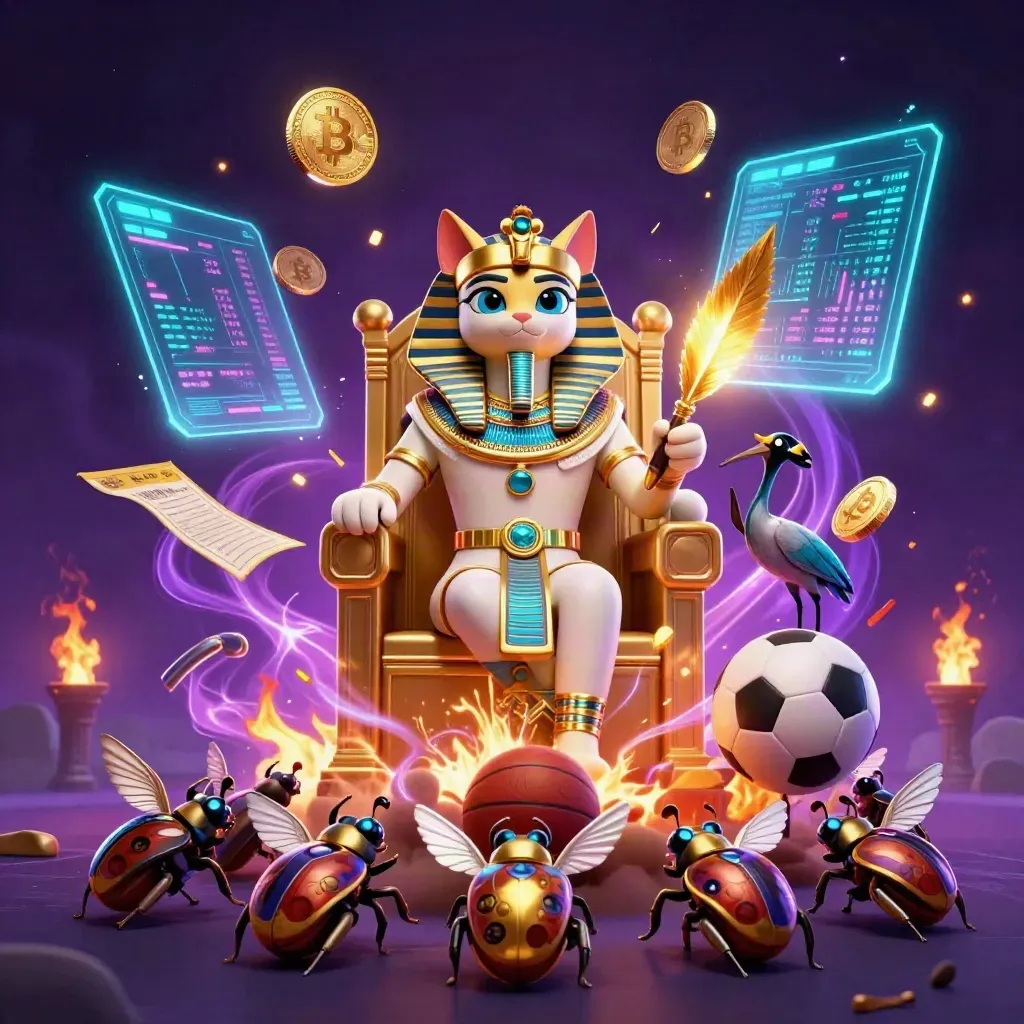 Pharaoh cat, ibis, scarabs, balls and neon crypto effects burst in a cosmic casino scene.