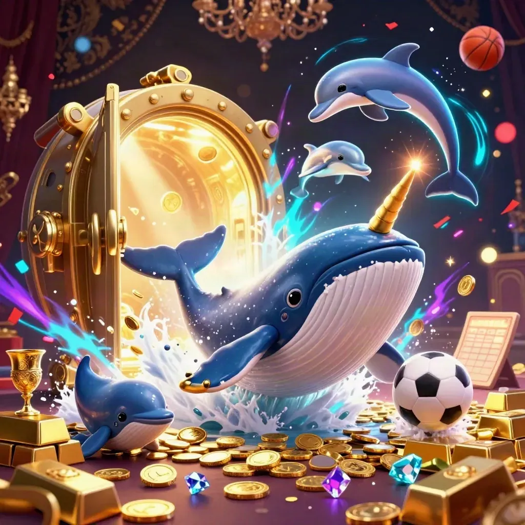 Captain whale, narwhal, and dolphins burst through coins, treasure, sparks, and a soccer ball.