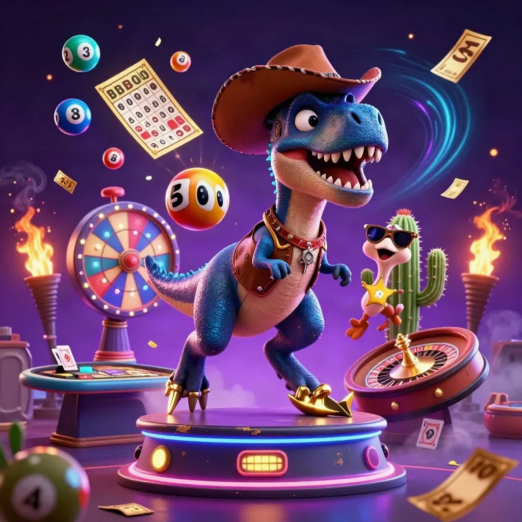 Cowboy T-Rex, cactus sidekick and sheriff roadrunner burst through neon casino effects.