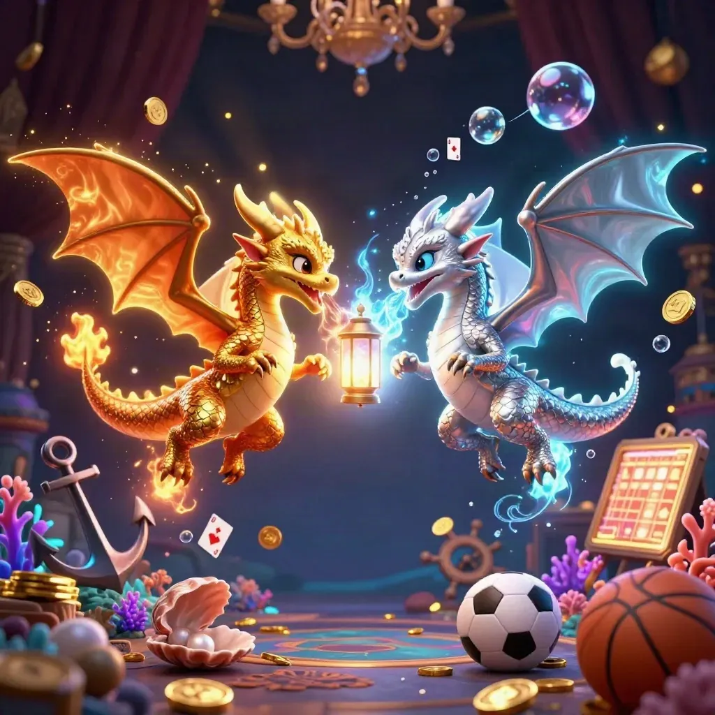 Gold and silver dragons spiral through casino treasure, sports balls, and neon cosmic light.