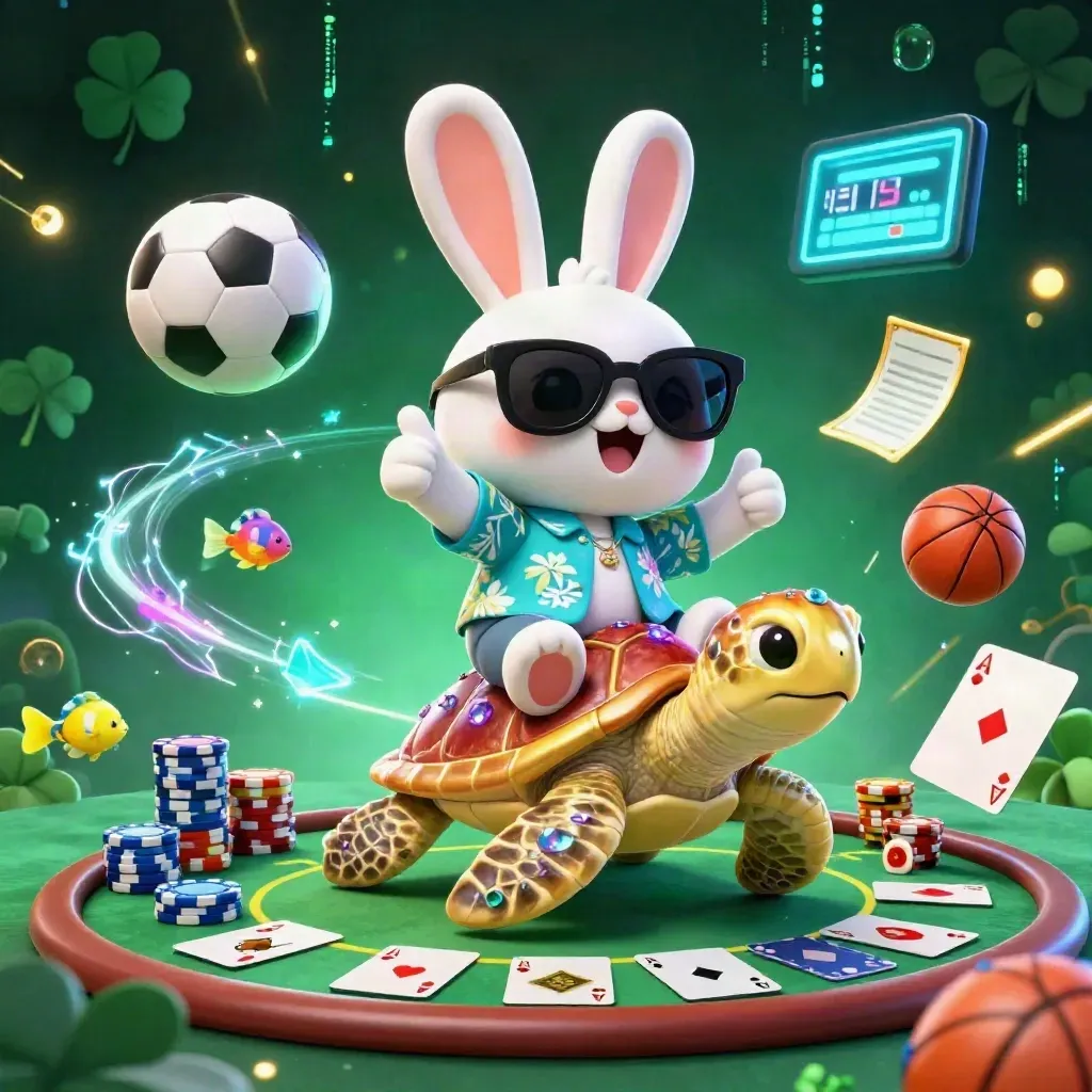 Lucky rabbit on a gem-turtle amid poker chips, aces, cards and neon casino energy