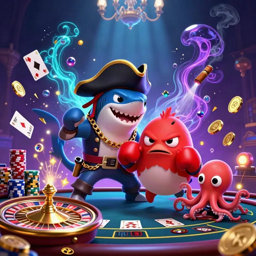 Shark captain, boxing pufferfish, and octopus amid neon casino treasures and a spinning roulette wheel