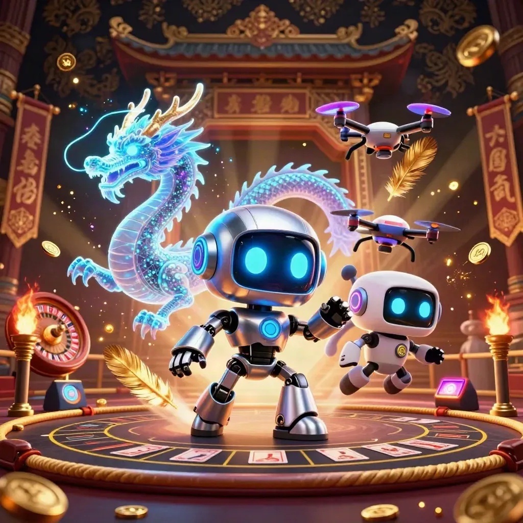 Cyberpunk robot, holographic dragon, and drone in a luxe casino temple scene