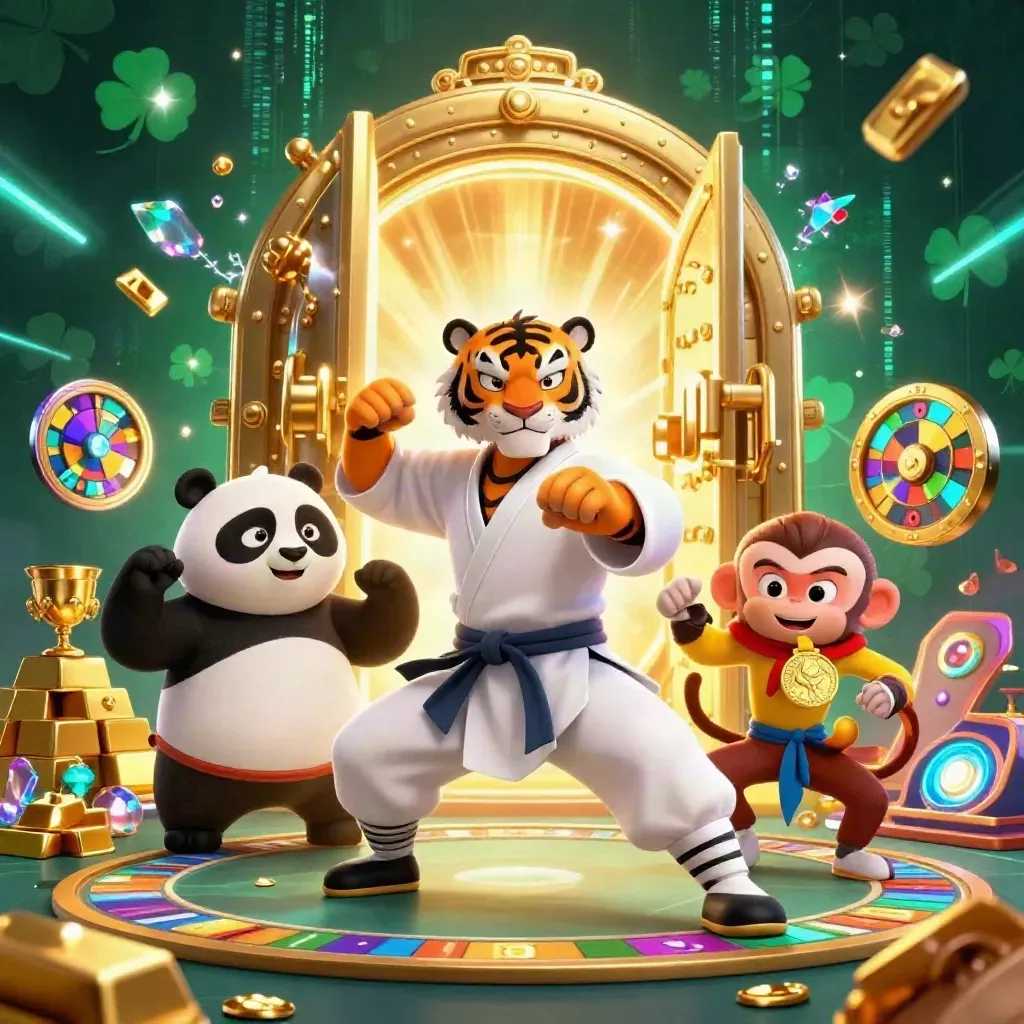 Kung-fu tiger, panda, and monkey amid a glowing vault, gold, gems, and casino luxury.