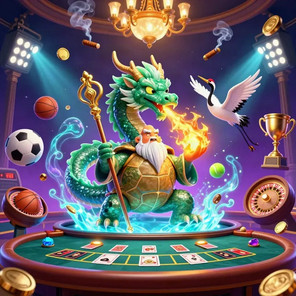 Jade dragon, turtle sage and cranes amid casino glow, sports balls and cosmic neon.