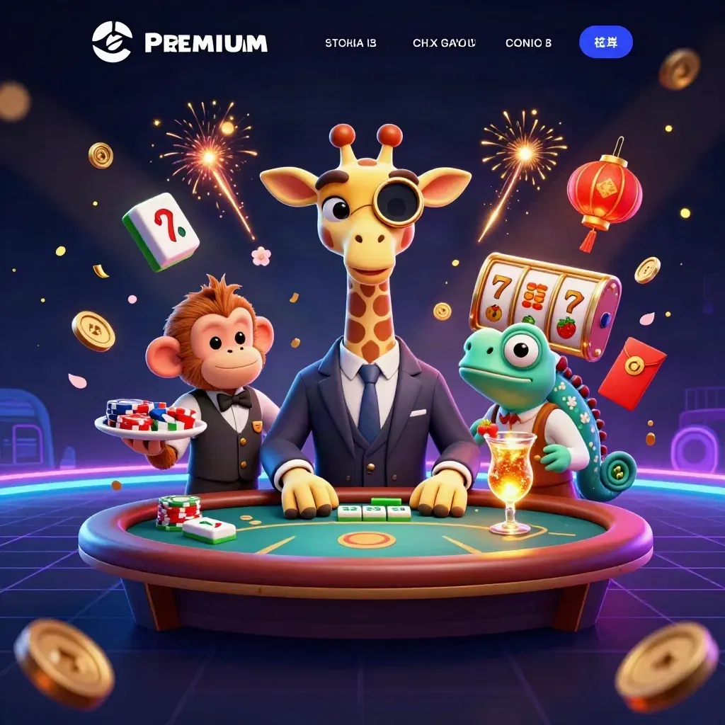 Suit-wearing giraffe, monkey valet, and chameleon bartender in neon casino chaos