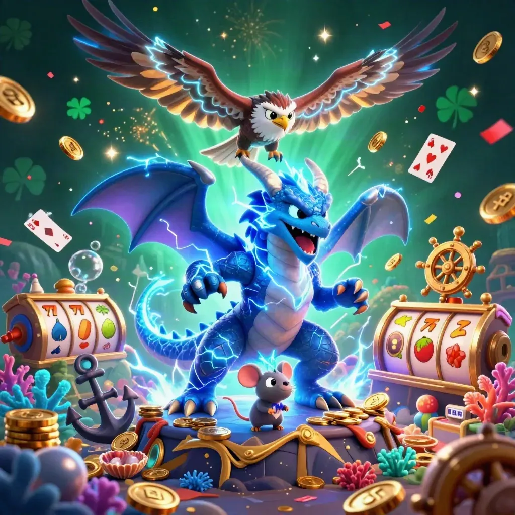 Thunder dragon, hawk, and mouse amid treasure cove, lightning, coins, and neon casino effects.