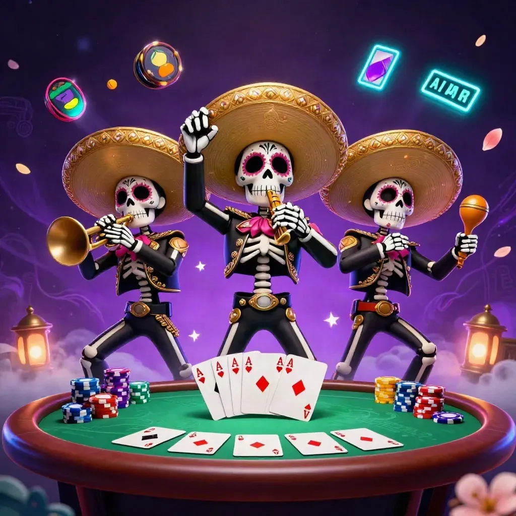 Skeleton mariachi trio amid casino chips, cards, neon cyan magic and cosmic petals.