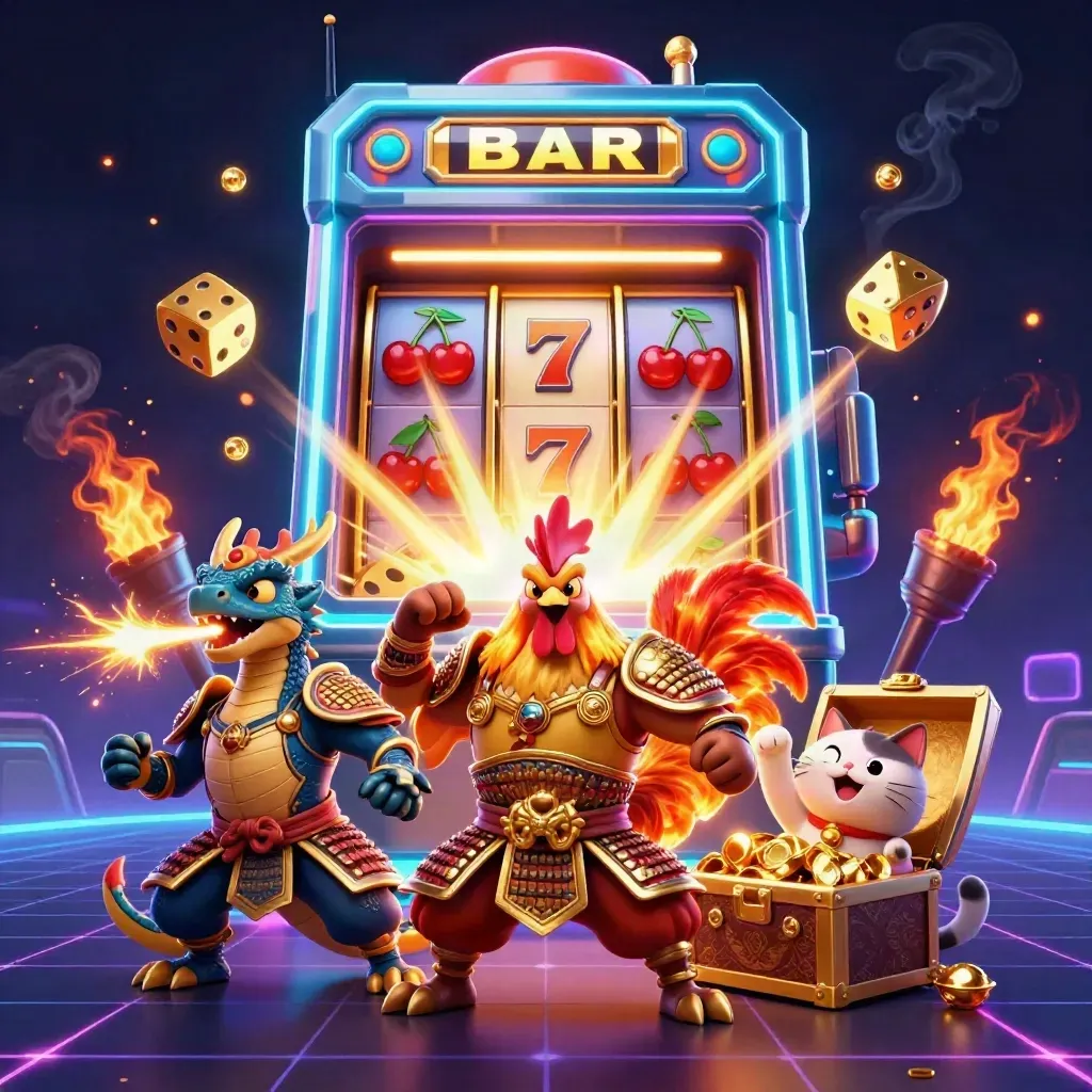 Rooster warrior, dragon hatchling, and fortune cat explode amid a jackpot slot machine and treasure.