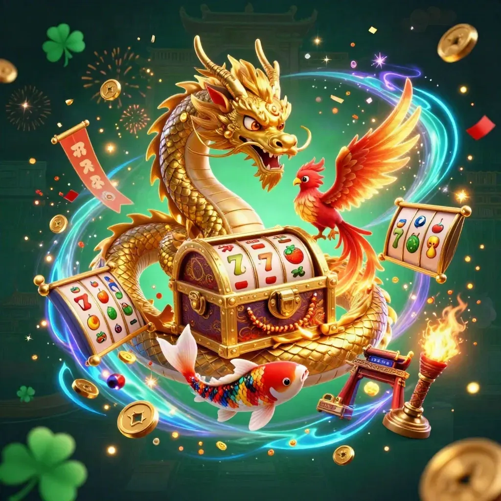 Golden dragon with phoenix and koi amid casino treasure, temple gate, coins, fireworks, and neon glow.