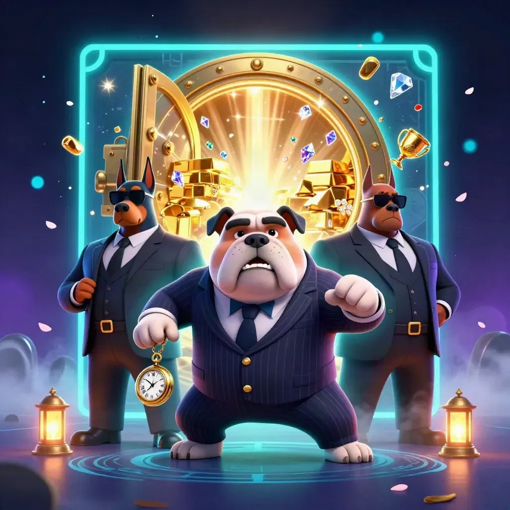 Bulldog mafia boss and two Dobermans burst from a glowing treasure vault amid gold and gems.