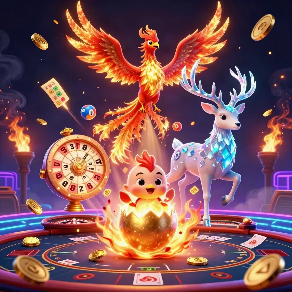 Phoenix trio amid casino icons, neon cosmic vault burst, coins, fireworks, and glowing game elements.