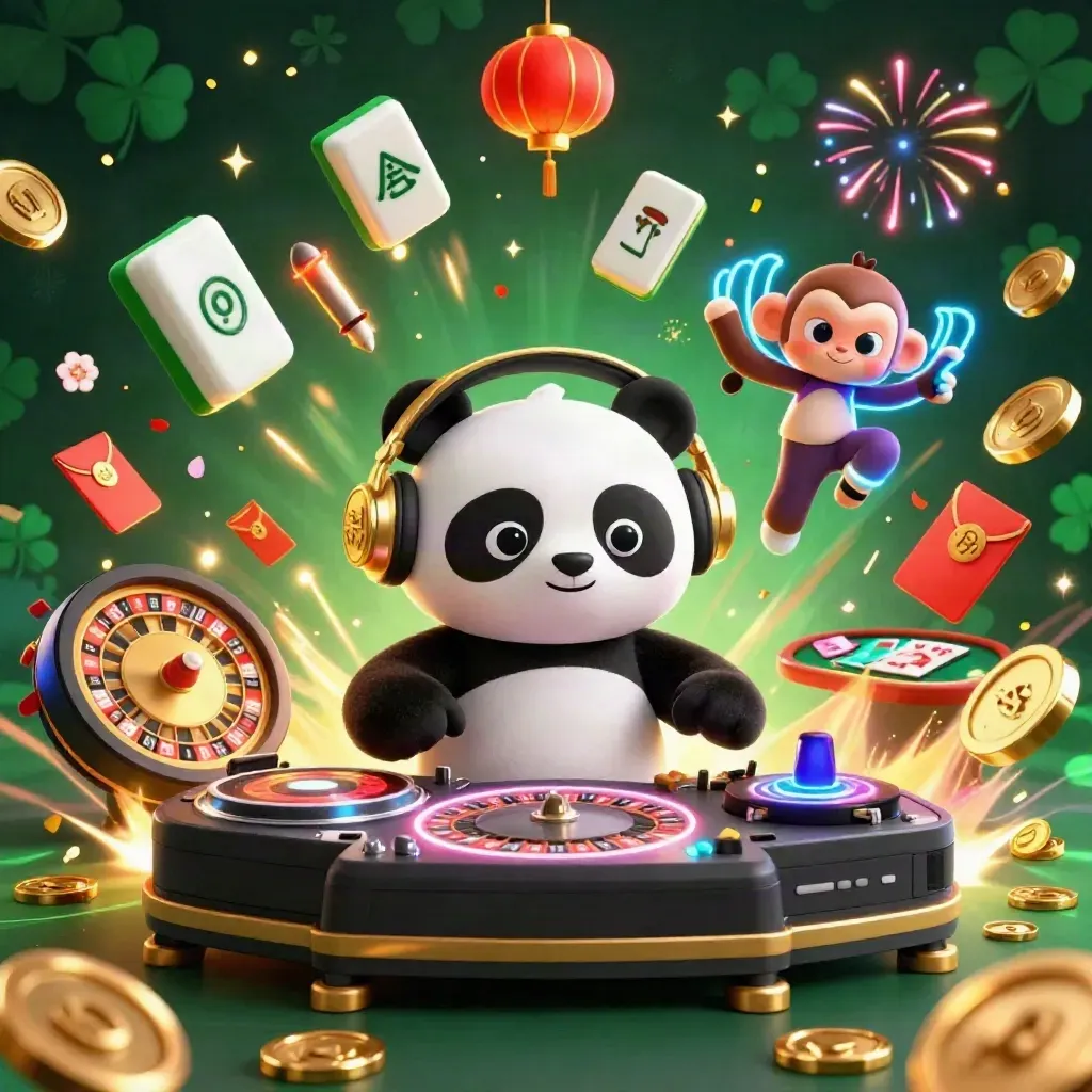 DJ panda, monkey, and glow kitten amid casino bursts, coins, fireworks, and neon lights.