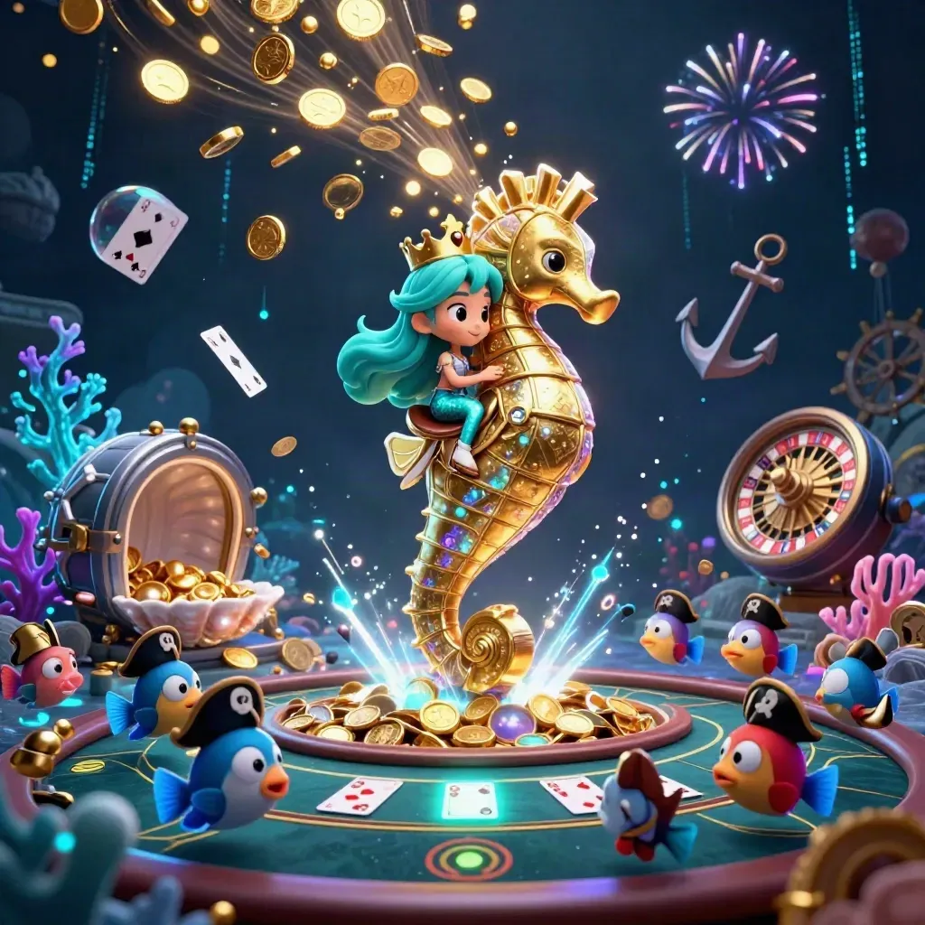 Mermaid princess on golden seahorse amid coin shower, coral, cards, roulette and blackjack glow