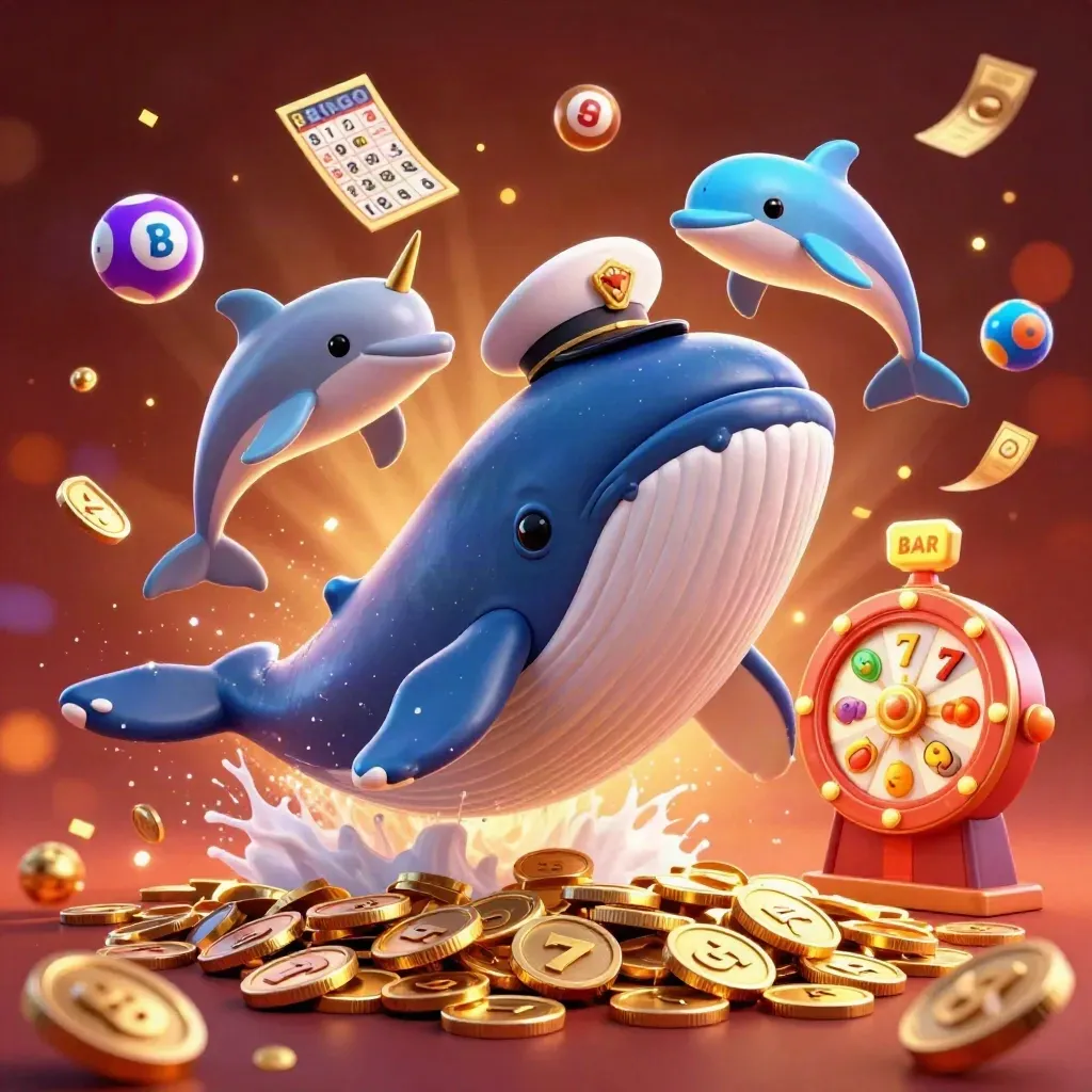 Whale captain, narwhal, and dolphins burst through coins with glowing casino symbols