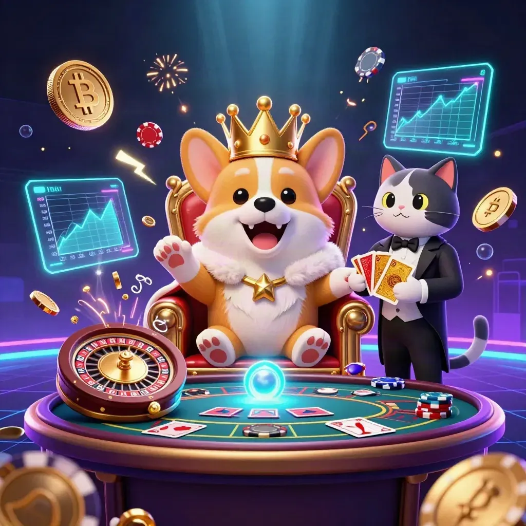 Royal corgi and cat butler amid neon casino loot, coins, and fireworks in a cosmic vault